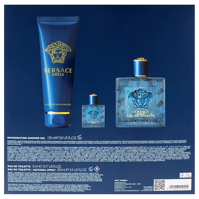Versace Eros by Versace for Men - 3 Pc Gift Set 3.4oz EDT Spray, 0.17oz EDT Spray Vial (Mini), 5oz Shower Gel