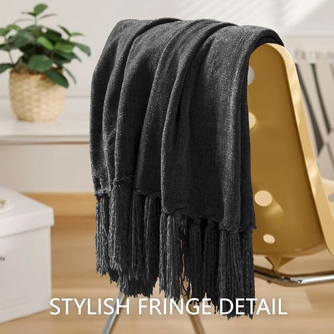 Chenille Throw Blanket for Couch 60" x 80" Twin, Dark Grey | Soft Cozy Warm Throws with Fringe Tassel, for Living Room Bed Sofa Chair Cover, Lightweight Knitted Decorative Boho Blankets