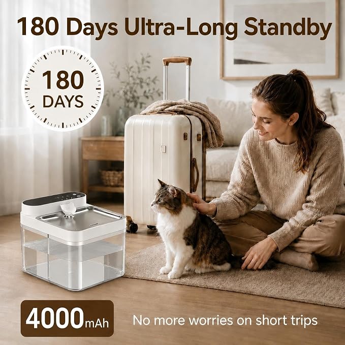 Cat Water Fountain No Filter, Wastewater Separation Cat Fountain Without Filters, Cordless &180-Days Runtime Pet Water Fountain