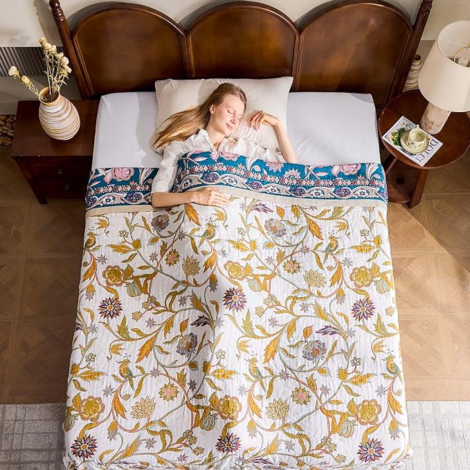 XIBLC Fall Throw Blanket for Couch, Brown Boho Decorative Throw Blanket, 100% Cotton Muslin Breathable Woven Farmhouse Blankets Quilt, 60"x80" Reversible Lightweight Blankets Bohemian Throw Quilt
