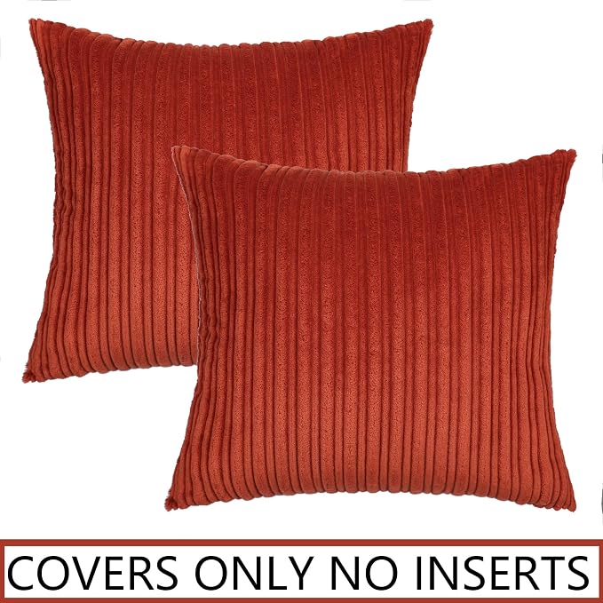 UGASA Fall Decor Super Soft Striped Corduroy Throw Pillow Covers Large Sham Cushion Cover Living Room, 2 Pcs, 22" x 22" (55cm), Burnt Brick