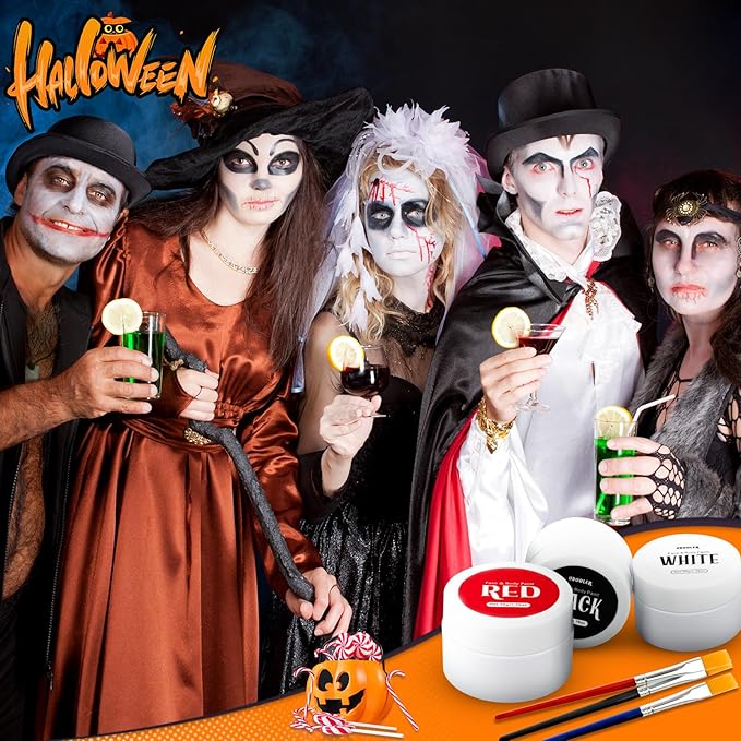 TonJin Black + White + Red Face Body Paint Set 5.28oz,Non-Toxic Professional Paint Palette Kit with 3 Brushes for Art Theater Halloween Party Cosplay Clown Corpse Paint SFX Makeup