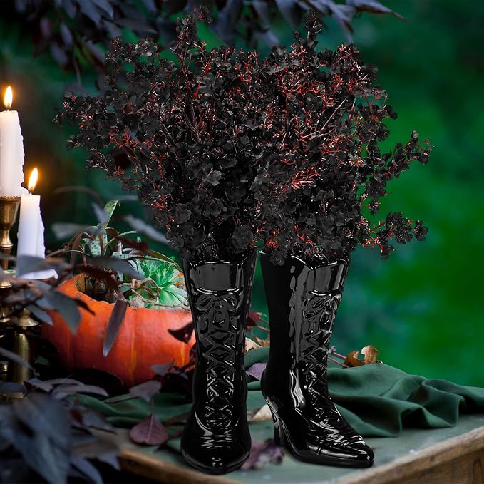 1 Pairs Halloween Flower Vase 7.1 Inch Witch Boot Vase Black Ceramic Gothic Planter Halloween Table Centerpieces for Indoor Outdoor Home Office Decor
