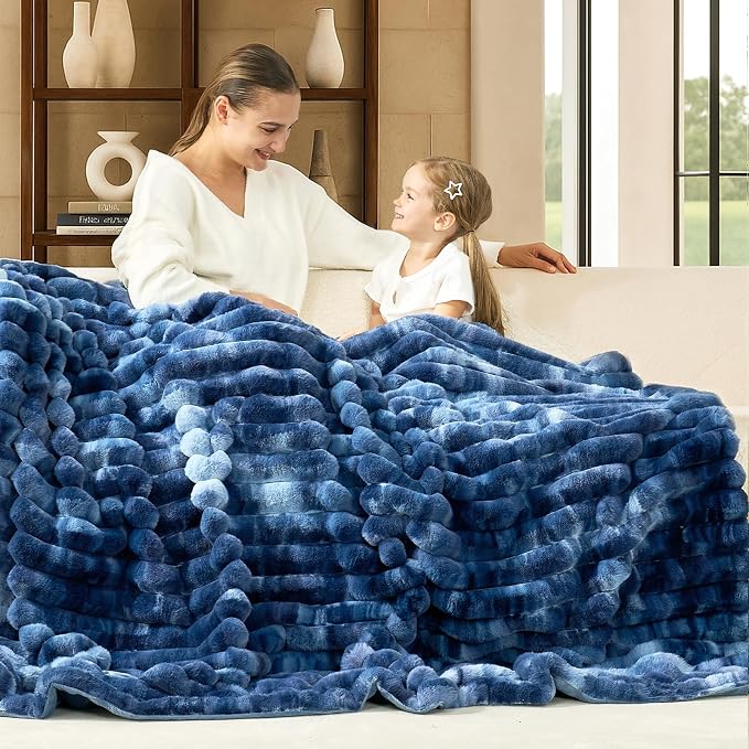 Cozy Bliss Faux Fur Throw Blanket for Couch, Cozy Warm Plush Striped Blanket for Sofa Bedroom Living Room, 50 * 60 Inches Tie-dye Blue
