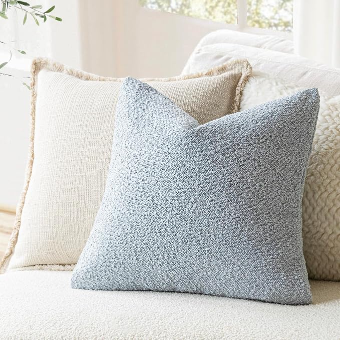 Foindtower Pack of 2 Modern Textured Boucle Throw Pillow Covers Accent Solid Decorative Pillow Cases Cozy Woven Couch Cushion Case for Chair Sofa Bed Living Room Home Decor, 18 x 18 Inch, Light Blue
