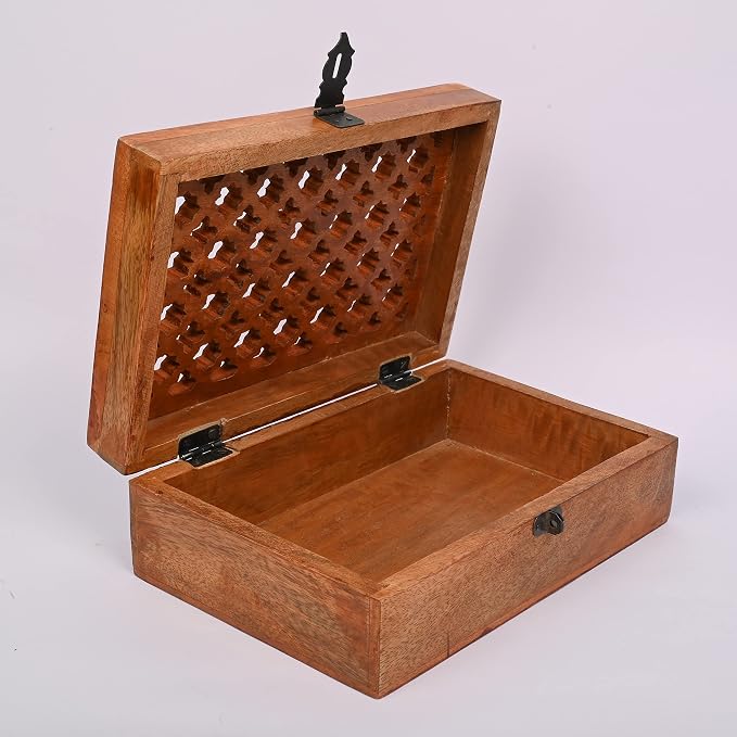 Mango Wood Decorative Wooden Box with Hinged Lid in Jali Carvings Used as Storage Box Christmas Gifts Items (9" x 6" x 3')