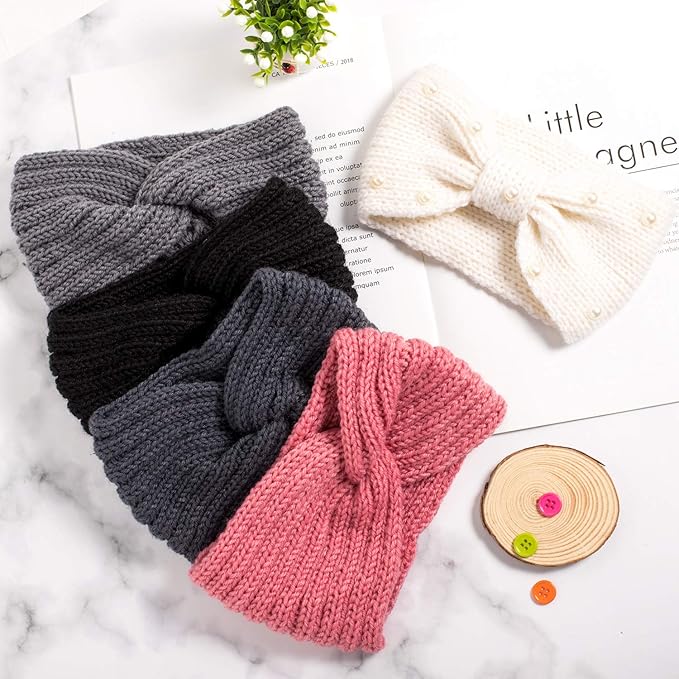 Whaline 5 Pieces Knit Headbands Winter Ear Warmers, 4 Elastic Turban Head Wraps and 1 Pearl Crochet Hair Band, Hair Scrunchies Scarves for Women Girls (Blue Pink Colors)