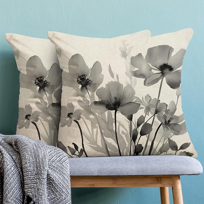 Spring Floral Pillow Covers 18x18 Inches Set of 2,Gray Floral Throw Pillow Covers Outdoor Summer Flower Decoration Pillowcase Farmhouse Decorative Square Linen Cushion Cover For Home Couch Sofa
