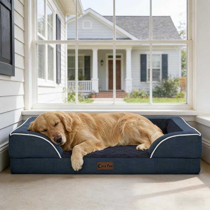 Orthopedic Dog Bed for Extra Large Dogs, Navy Blue, 48x30in | Orthopedic Foam Relieves Joint Pressure, Bolsters Supports Head And Neck, Washable Cover, Non-Slip Bottom