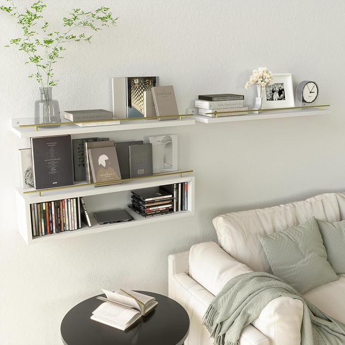 Floating Shelves for Wall 24 inch with Cube Shelf, Wall Shelves with Metal Rail for Decor, Bathroom Organizers and Storage, Over Toilet Shelves for Bathroom, Toilet Paper-White&Gold