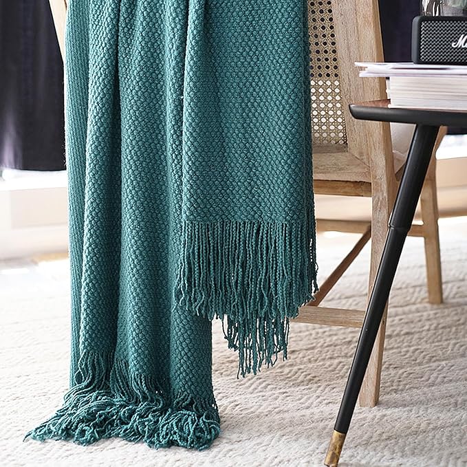 LOMAO Knitted Throw Blanket with Tassels Bubble Textured Lightweight Throws for Couch Cover Home Decor (Teal, 60x90)