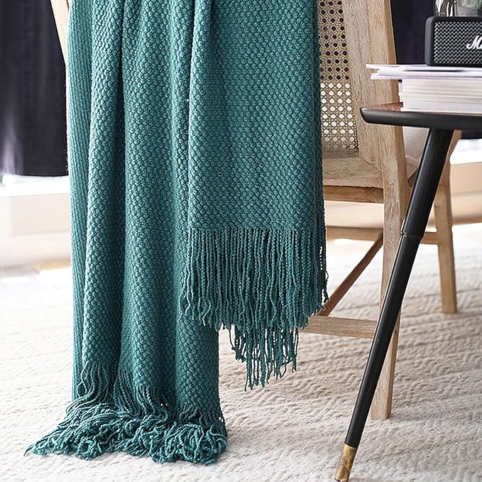 LOMAO Knitted Throw Blanket with Tassels Bubble Textured Soft Blanket Lightweight Warm Throw Blanket for Couch Cover Home Decor (Teal, 50x60)