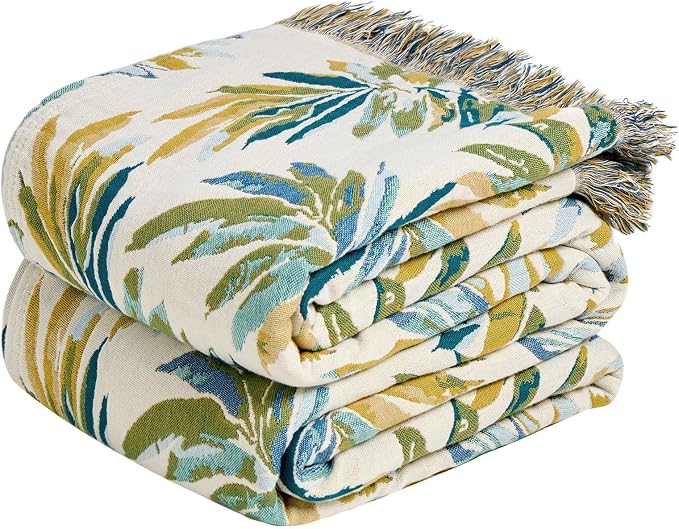 MSGKV Boho Throw Blanket 60"x80" 100% Cotton Leaves Muslin Blanket for Bed | 100% Cotton Muslin, Twin Size Throw Blanket, Leaves Pattern, Soft & Breathable, Lightweight Comfort, Machine Washable