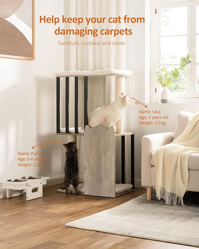 43.8in 3-Tier Modern Cat Tree Tower Condo, Cat Scratch Posts for Indoor Cats, Big Plate, Two 19.7in Full Sisal Scratching Posts, Greige