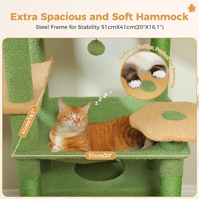 PAWZ Road 72" Cactus Cat Tree Tall Tower with Hammock&Condo for Large Cats | 20"×16" hammock for adult cats, tall cat tower with 7 scratching posts&pad, 2 large condos&top perches for multi-cats