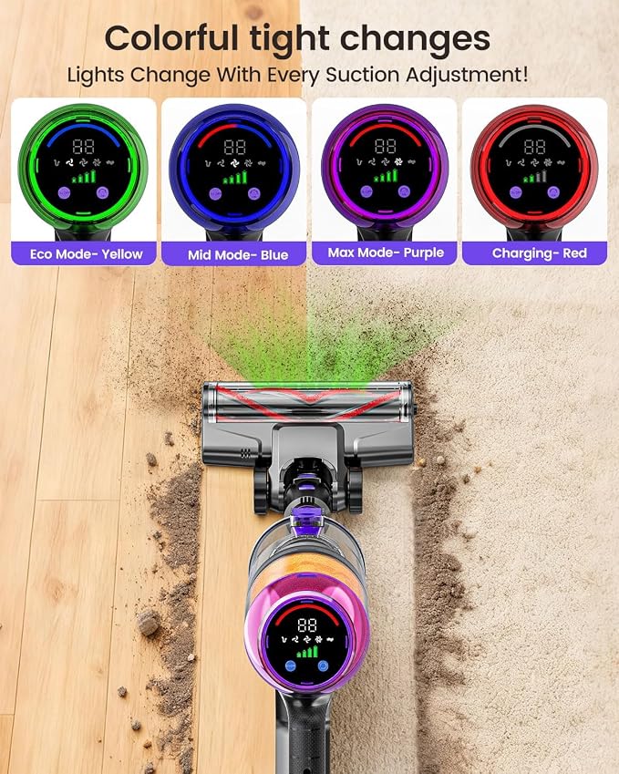 Cordless Vacuum Cleaner, 500W 40KPa 60Mins Vacuum Cleaners for Home, Anti-Tangle Rechargeable Vacuum with Green Light Wireless Vacumm for Pet Hair/Carpet/Hardwood Floor Purple