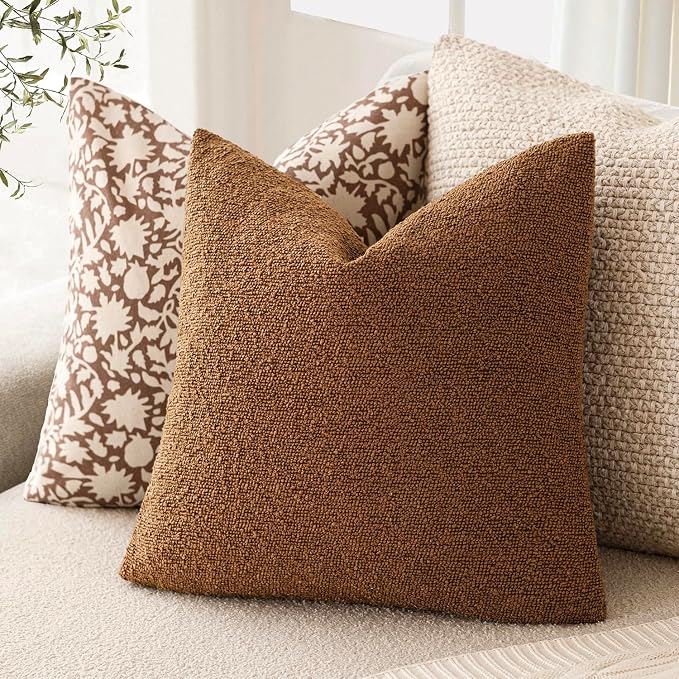 Foindtower Pack of 2, Decorative Textured Boucle Throw Pillow Covers Neutral Accent Solid Pillow Cases Cozy Soft Couch Cushion Case for Chair Sofa Bedroom Living Room Home Decor 22x22 Inch Hazel Brown