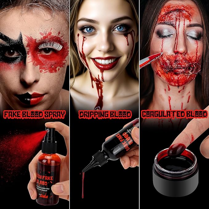 3PCS Halloween Fake Blood Kit, 2.03oz Fake Blood Spray and 2.03oz Dripping Blood and 1.06oz Coagulated Gel Blood, Realistic Washable Fake Blood Makeup for Zombie Vampire Monster Cosplay & Dress Up