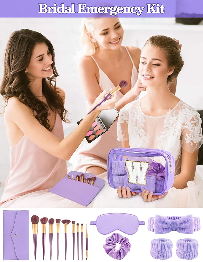 Gift Sets for Women, Initial Makeup Bag with Makeup Brush Set Bachelorette Party Favors, Purple Spa Kit with Skincare Headbands Wrist Bands Sleepover Party Supplies Gifts for Teen Girls Bridesmaid W
