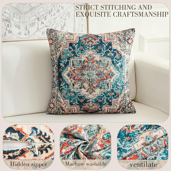 Boho Throw Pillow Covers 22x22 inch Set of 2,Boho Vintage Carpet Pattern Antique Ethnic Decor Double Sided Pattern Cushion Cover Soft Pillow Case Living Sofa Room Bed Square Pillow Cover
