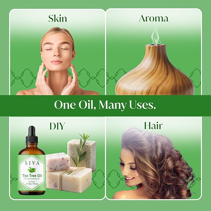 Siva Tea Tree Essential Oil 4 Fl Oz – for Diffuser, Skin & Hair Care – Ideal for Aroma, Massage & DIY Blends- with Dropper