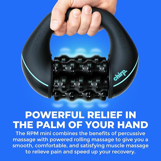 Chirp RPM Mini - Rolling Percussive Massager, Percussive Therapy, Whole Body Relief, Deep Tissue and Muscle Recovery, Percussion Massage, Rechargeable, Hands-Free Base, Powerful, 3-Speed Spin