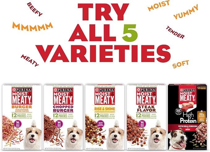 Purina Moist & Meaty Soft Dog Food Pouches, 36 ct | Burger With Cheddar Cheese Flavor adult dog food, made with real beef, individual pouches, no-mess meal or tasty treat