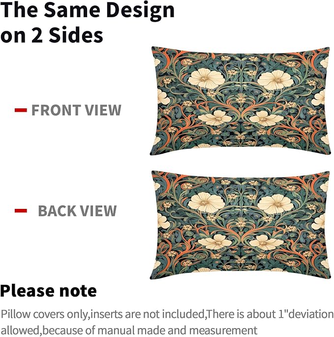Vintage Floral Lumbar Pillow Covers 12X20 Inch Orange Whtie Green Toile Flowers Pillow Cases Chinoiserie Aesthetic Tapestry Linen Cushion Case Farmhouse Home Decor For Sofa Couch Porch Outdoor Pack 2