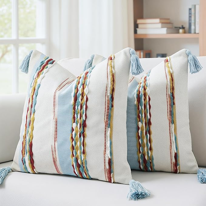 PANOD Chenille Farmhouse Throw Pillow Covers 16 x 16 Blue Brown, Neutral Boucle Couch Pillow Cover, Striped Decorative Boho Coushion Cover Pillow Case for Couch Bed Sofa Bedroom,Modern Accent,Set of 2