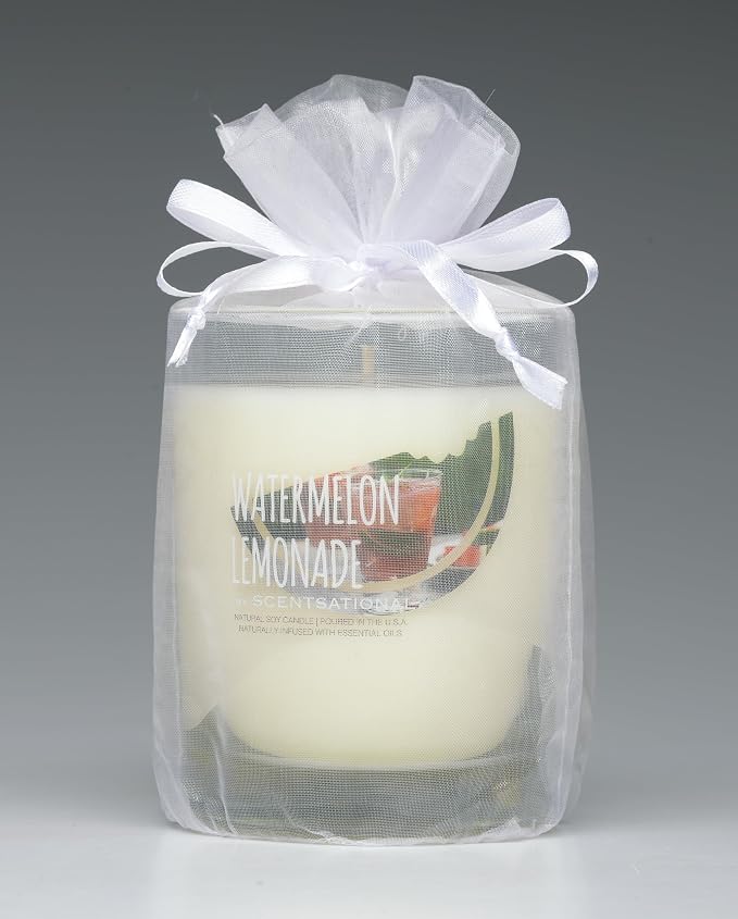 Scentsational Watermelon Lemonade Natural Candle, 11 oz Glass Jar, 50-60 Hour Burn Time, Gift Wrapped