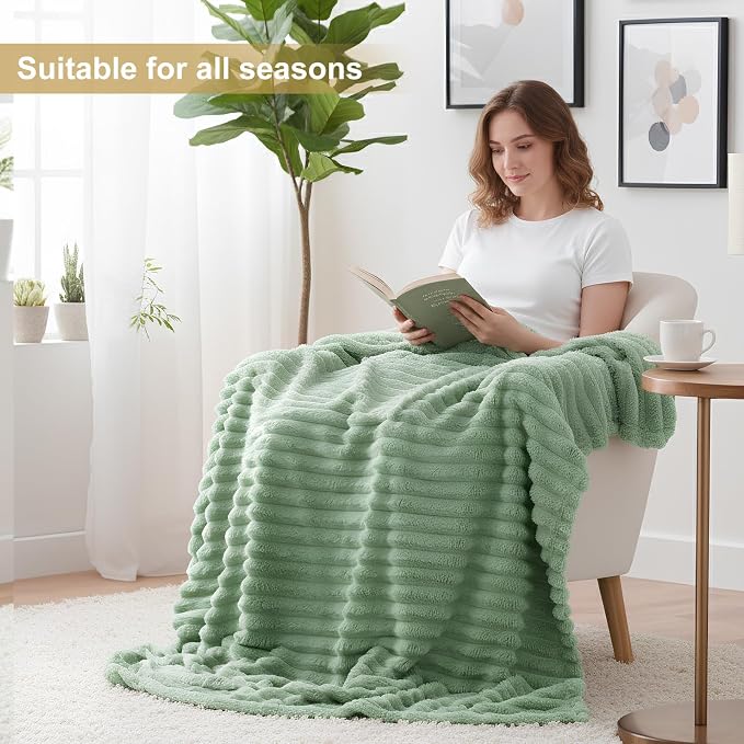 decorUhome Sage Green Fleece Throw Blanket 50x60 Inches | Soft Couch Cozy Fluffy Plush Flannel Striped Blanket for Sofa Bed, Lightweight Decorative Ribbed Fuzzy Blanket for Woman