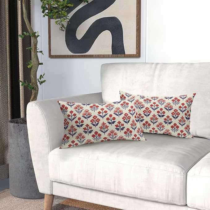 4th of July Patriotic Floral Block Print Pillow Covers 12x20 Inch Set of 2, Navy Blue Red Flower Lumbar Decorative Throw Pillowcases Outdoor Memorial Day Cushion Covers Holiday Sofa Couch Bed Decor