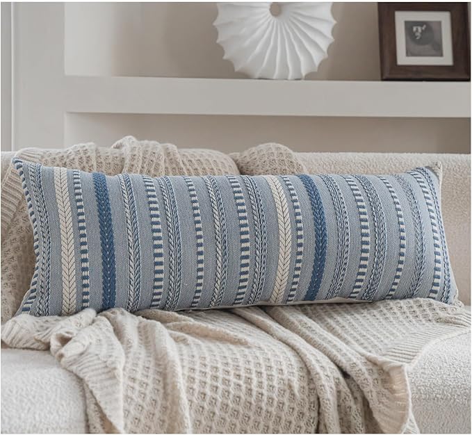 Cethom Boho Lumbar Pillow Covers 14x36 Long, Farmhouse Decorative Couch Pillow Cases, Blue Accent Pillows of Bed, Sofa Bedroom Living Room Home Decor Cushion Cover, Pack of 1