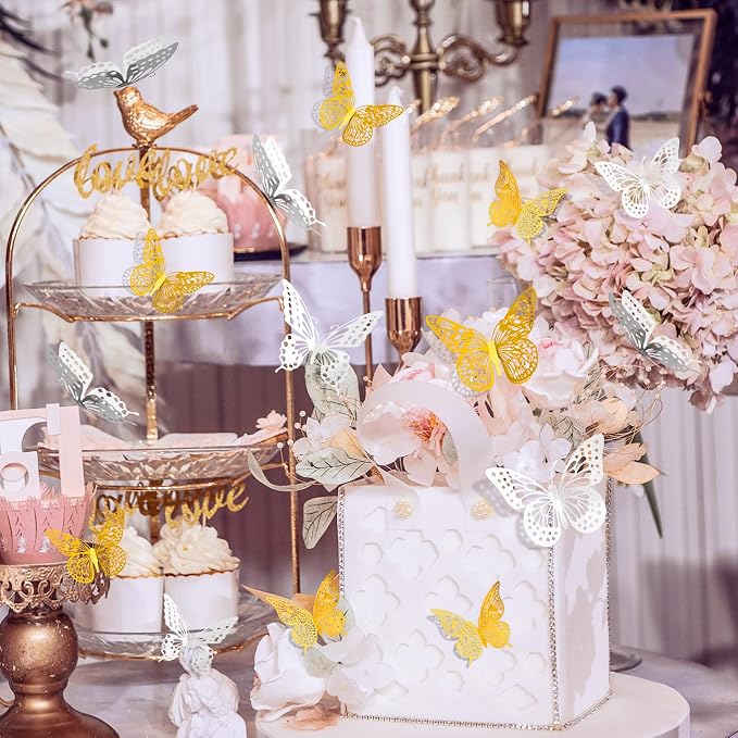 SAOROPEB 3D Butterfly Wall Decor 48 Pcs 4 Styles 3 Sizes, Butterfly Birthday Decorations Party Decorations Cake Decorations Wedding Decor, Removable Stickers (Gold, Silver) | 4 Styles 3 Sizes, Party Decorations Birthday Cake Decorations Wedding Decor, ...
