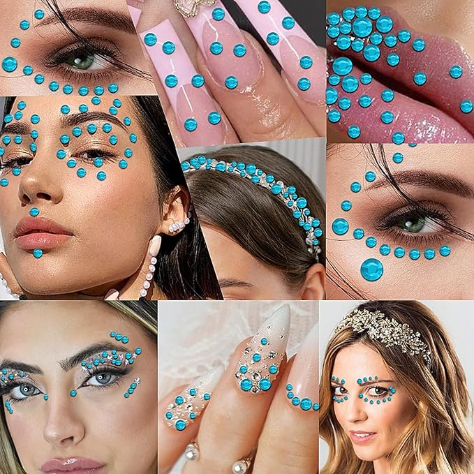 3555pcs Self Adhesive Face Gems for Makeup, Festival Jewels, Hair Gems, Rhinestone Stickers for Face, Eye, Makeup, Nail, Body, Crafts 5sheets (lightblue-3/4/5/6/8mm)