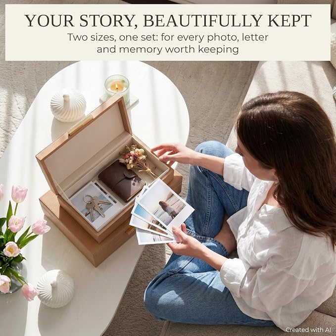 ZICOTO Decorative Storage Boxes with Lids – Set of 2 Beautiful PU Leather Organizer Bins for Your Bookshelf Home Decor - Safely Store Photos, Documents and Memory Box Keepsakes in Style