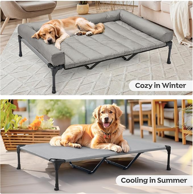 Veehoo Outdoor Elevated Dog Bed with Waterproof Bolster Cushion, Cooling | Raised Dog Bed with Removable & Washable Mat Topper, Breathable Mesh, Dog Couch Cot for Indoor Outdoor, 59", Large, Grey