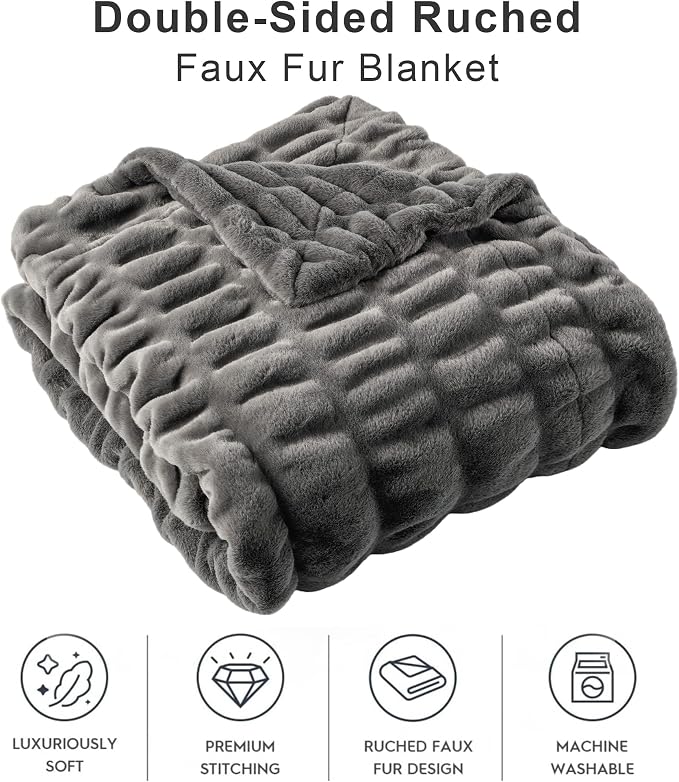 BATTILO Grey Faux Fur Throw Blanket for Couch, 60"x80", Double Side | Luxury Large Minky Couture Blanket, Premium Silky Cozy Warm Soft Fluffy Faux Fur Blanket For Bed, Sofa Living Room
