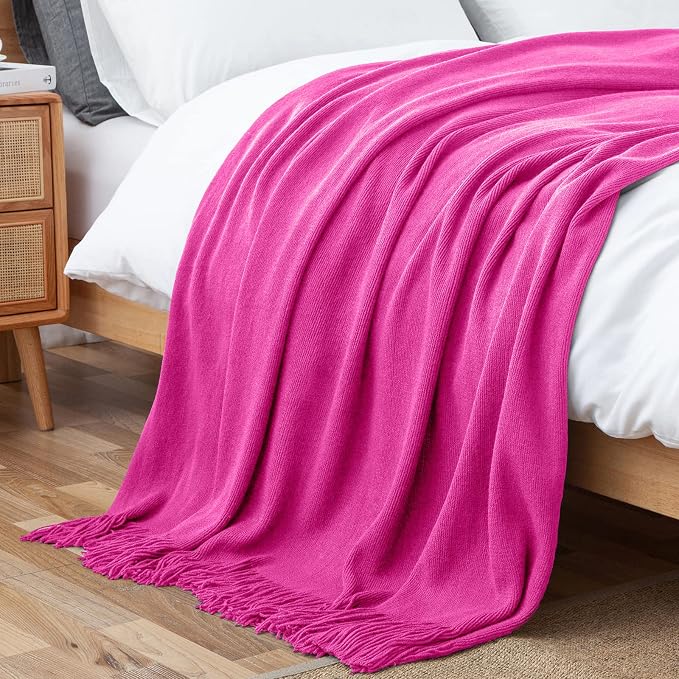 Vonty Hot Pink Knitted Throw Blanket with Tassels Fringe, 50x60 Acrylic | Super Soft And Lightweight, Year-Round Cozy Warmth, Farmhouse Decorative Style, Machine Washable, for Couch, Sofa or Bed
