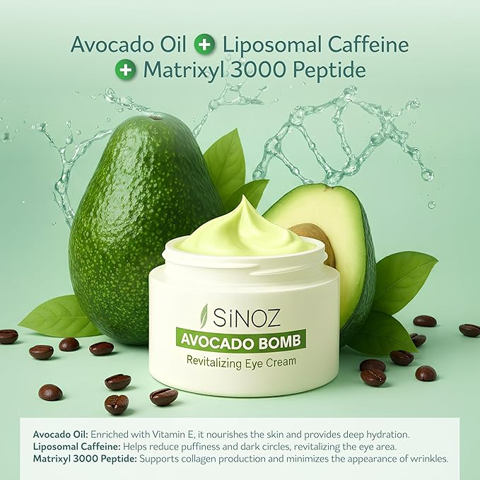 sinoz Eye Cream Avocado,Lipsomal caffeine, Bright and tight, Masks for Dark Circles & Puffy Eyes, Under eye cream. 0.5 fl oz & 15 ml