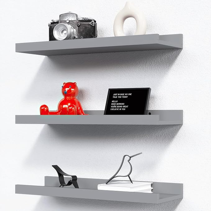 RICHER HOUSE 3-Set Floating Shelves with Lip, Grey Small Wall Shelf, 16In | Display Picture Ledge Shelf, Anti-drop lip Shelf for Room Wall Decor, Bedroom Bathroom Storage Nursery Books, Easy Setup,Wood