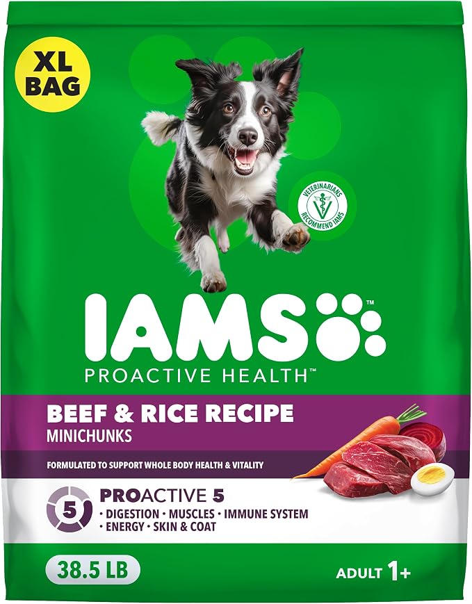 IAMS Proactive Health Adult Minichunks Dry Dog Food, Beef & Rice, 38.5 lb | Real beef #1 ingredient, no fillers or artificial flavors, glucosamine & chondroitin, supports bones, joints & muscles