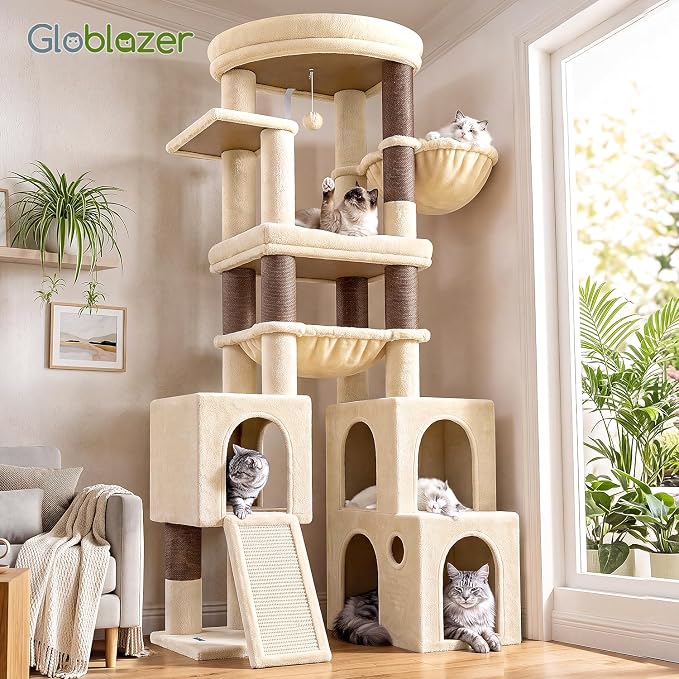 Globlazer Tall Cat Tower for Indoor Adult Cats, 72-inch, S72G, Beige | Heavy Duty Cat Tree House for Big Cats with 2 Extra-Large Padded Platform, 7 Sisal Scratching Posts, 3 Large Condos