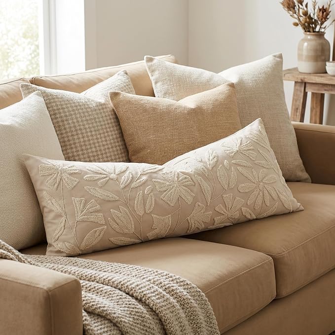 14x36 Lumbar Pillow Cover for Bed, Rectangular Decorative Long Throw Pillowcase, Embroidered Farmhouse Accent Cushion, Beige Neutral Floral Tufted (Cover Only)