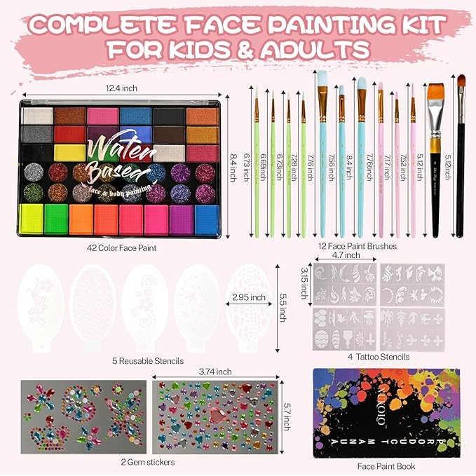 42 Color Kids Face Paint Kit - Non-Toxic, Water-Based Palette with Stencils, Brushes, Gems & Glitter for Halloween, Carnival, Costume Parties & Creative Activities