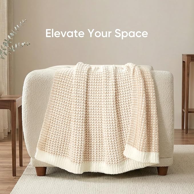 Snuggle Sac Cream Waffle Blanket for Couch Bed Sofa 60x80 inches, Reversible Beige Soft Throw Microfiber Fluffy Fuzzy Cozy Knit Twin Blanket for Women Mothers Birthday Gifts