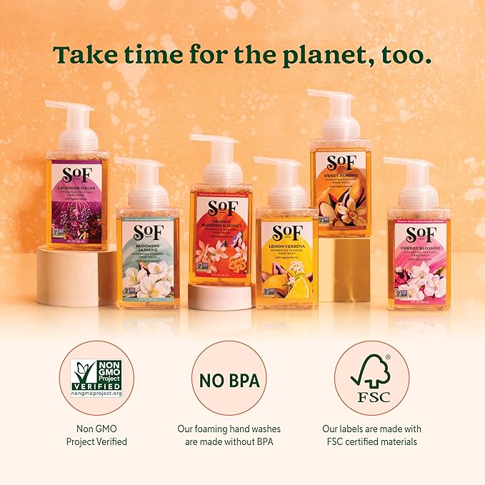 SoF Hydrating Foaming Hand Wash - With Organic Agave Nectar & Coconut Oil- Vegan & Non GMO- Free From Phthalates, Sulfates & Parabens- Orange Blossom & Honey - 8 oz Bottle 3 Pack