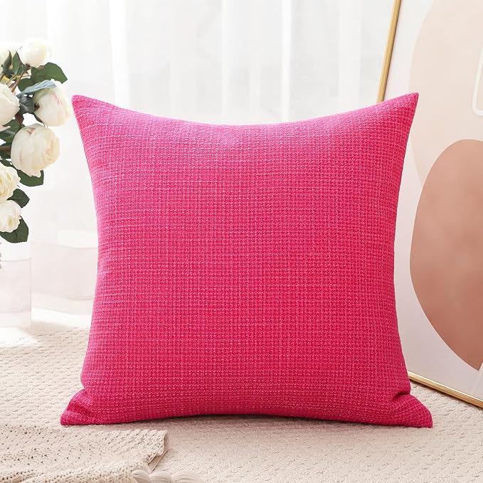 OTOSTAR Linen Throw Pillow Cover Set of 1 Decorative Square Pillowcases Cushion Covers 22x22 Inch for Home Decor Sofa Bedroom Car 55 x 55CM Hot Pink