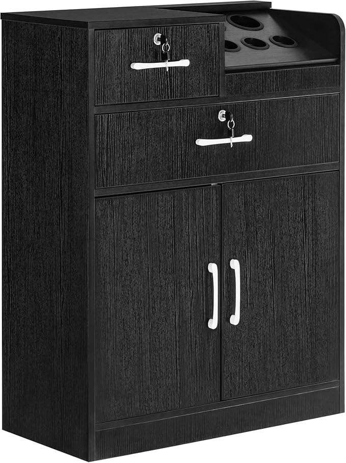 BarberPub Locking Storage Cabinet Barber Utility Unit Beauty Salon Station with Holders Styling Equipment with Drawers 2032