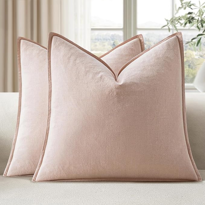 EMEMA Euro Sham Decorative Linen Throw Pillow Covers 22x22 Inch Pink | Boho Farmhouse Neutral Couch Throw Pillows for Bed Pack of 2 Accent Pillowcase Modern Sofa Cushion Livingroom Home Decor